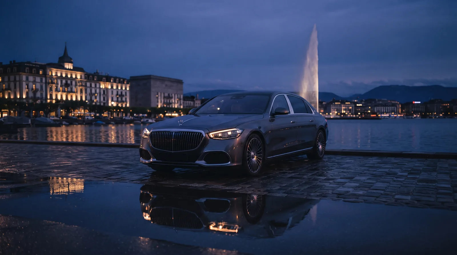 Berline de luxe sur le quai du Mont-Blanc à Genève avec le Jet d'Eau