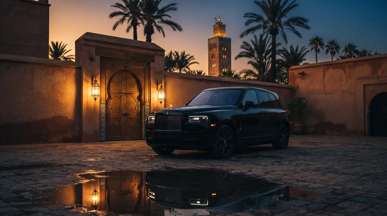 SUV de luxe noir devant un riad à Marrakech au coucher du soleil