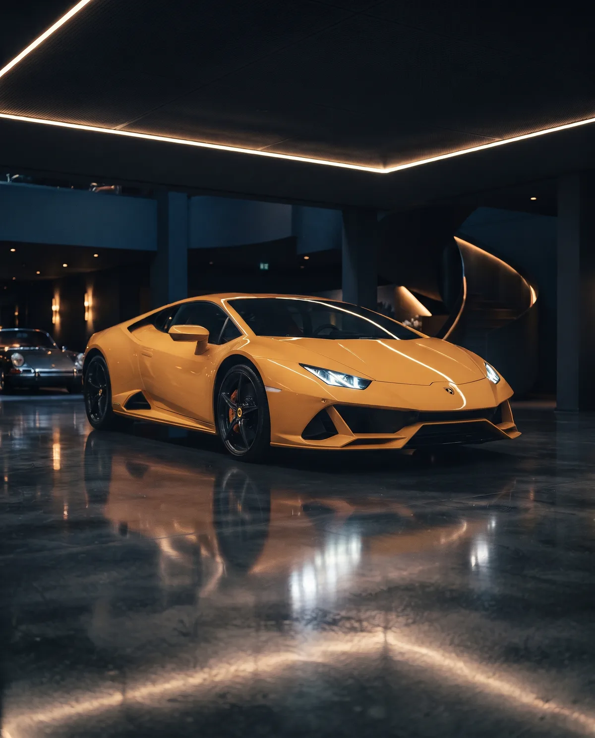 Lamborghini Huracán jaune dans un showroom premium