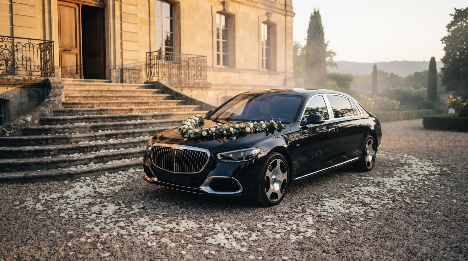 Berline de luxe noire ornée d'une guirlande de fleurs devant un château au coucher du soleil