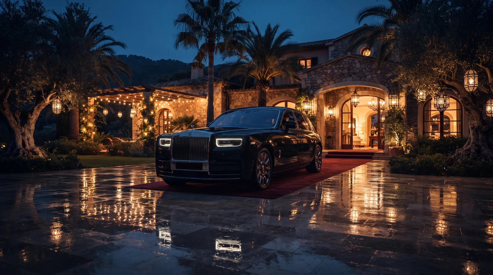 Voiture de luxe arrivant devant une villa éclairée, tapis rouge, de nuit