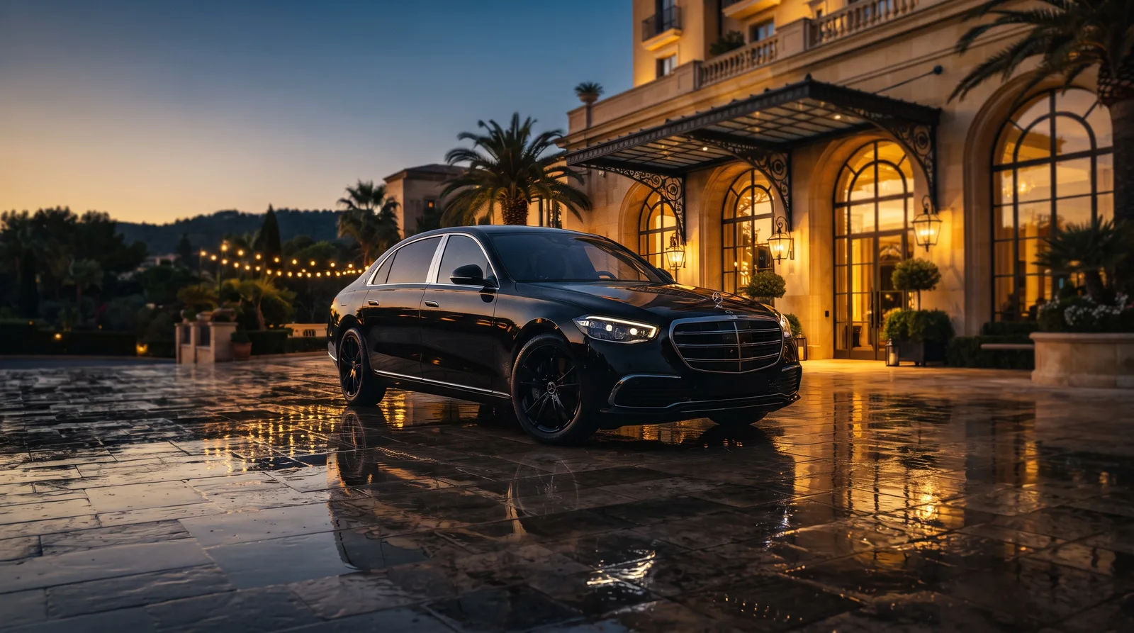 Berline de prestige noire devant un hôtel de luxe au crépuscule